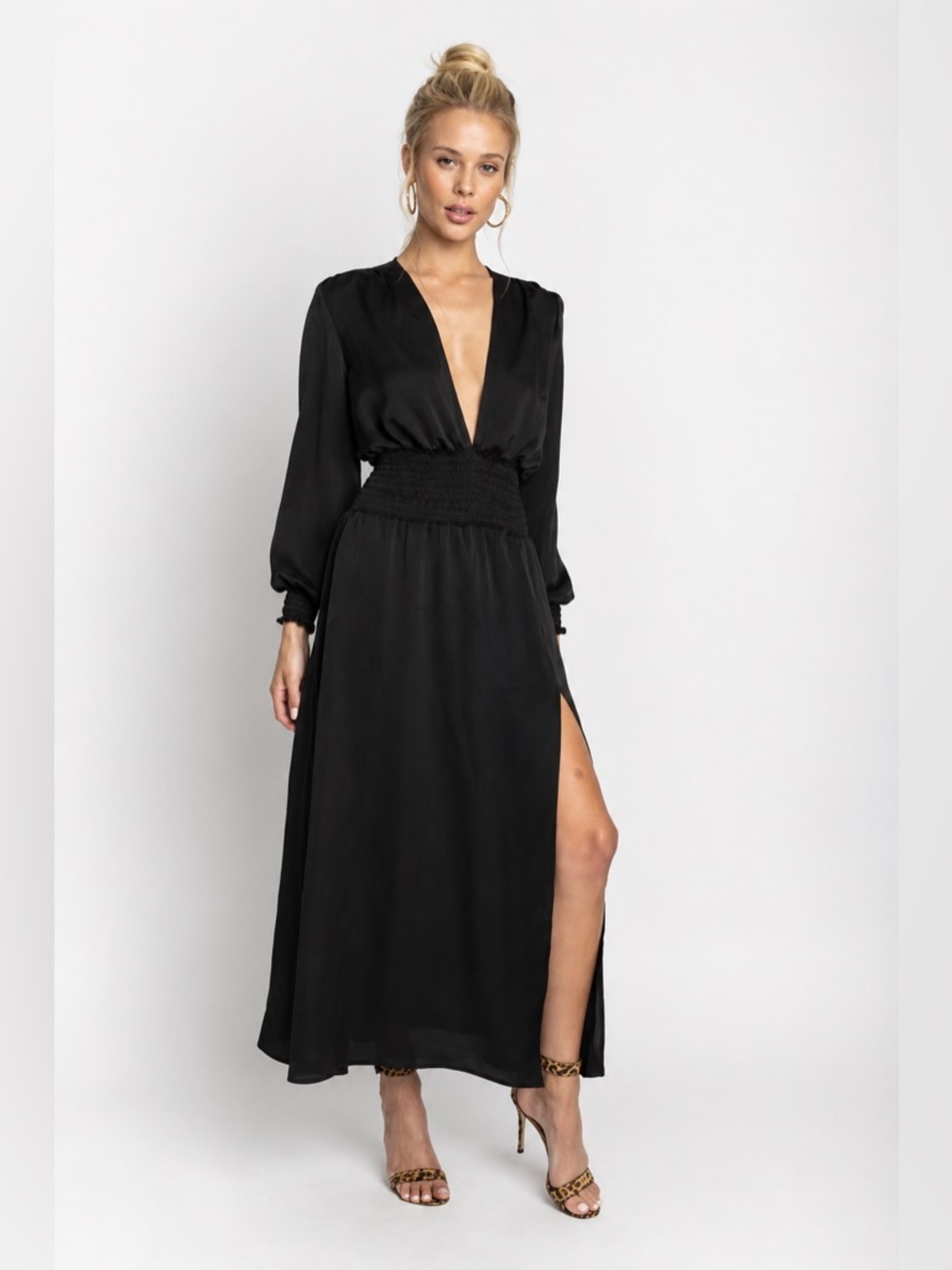 Resa Black Long Sleeve Smocked Maxi Dress